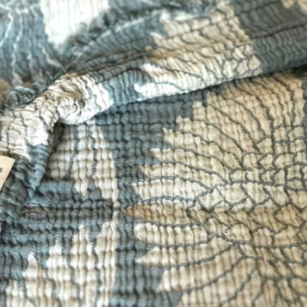KING Luxury Bedspread Organic Muslin Quilted Crinkle  2 Side FLiPSiDE Teal Crane - Picture 12 of 15